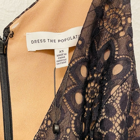 NWT XS Dress the Population long midi beige with long black lace V neck dress - Picture 2 of 8